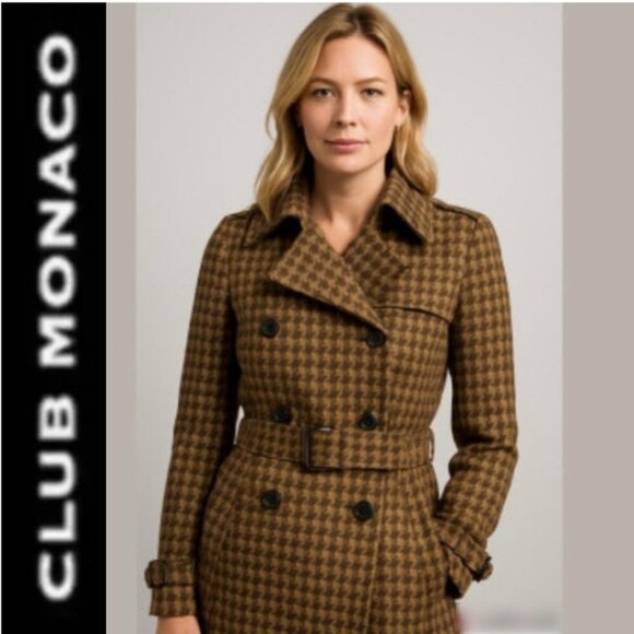 Club Monaco Brown Pea Wool Coat Houndstooth Size Medium - Picture 2 of 16